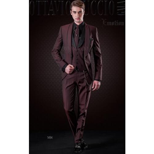 Fantastic One Button Burgundy Groom Tuxedos Groomsmen Shawl Lapel Mens Suits Blazers (Jacket+Pants+Vest+Tie) W:1179