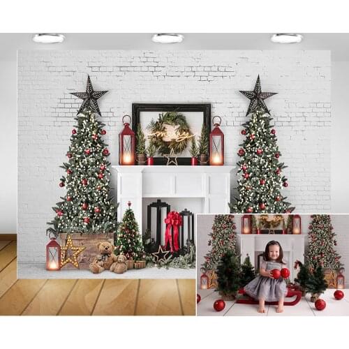 Merry Christmas Photo Background White Brick Wall Fireplace Winter Christmas Trees Backdrop Photography Toys Lamp Photocall