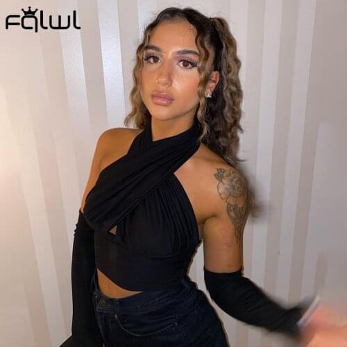 FQLWL Ruched Black Sexy Bodycon Crop Top Women Cropped 2020 Streetwear Backless Tank Top Women T Shirt Elastic Halter Top Female