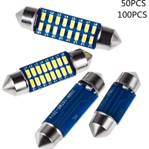50PCS 100PCS LED Canbus Festoon 31mm 36mm 39mm 42mm for car Bulb Interior Reading Light License Plate Lamp White 6000K 16SMD