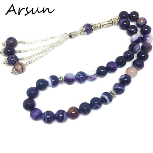 IsPurple Color 100% Original Natural Colorful Stone Muslim 33 Prayer Beads Islamic Allah Prayer Rosary Tesbih Islam Misbaha