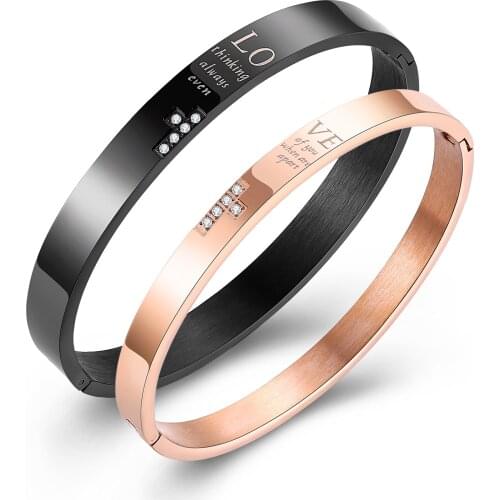 KKCHIC Romantic Love Letters Couple Bangles Stainless Steel Rose Gold Color Bracelet Zircons Cross Men Women Jewelry Great Gift
