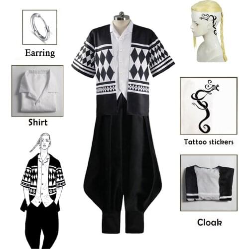Anime Tokyo Revengers Ken Ryuguji Cosplay Costumes Uniform Shirt Pants Cloak Tattoo Stickers Wig Earring Full Set Halloween