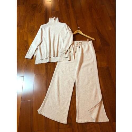 Fashion 2021 New Ladies Suit Cashmere Wool Turtleneck Pullover + Tight Strap Waist Side Slit Wide Leg Pants 2-piece Set 1207