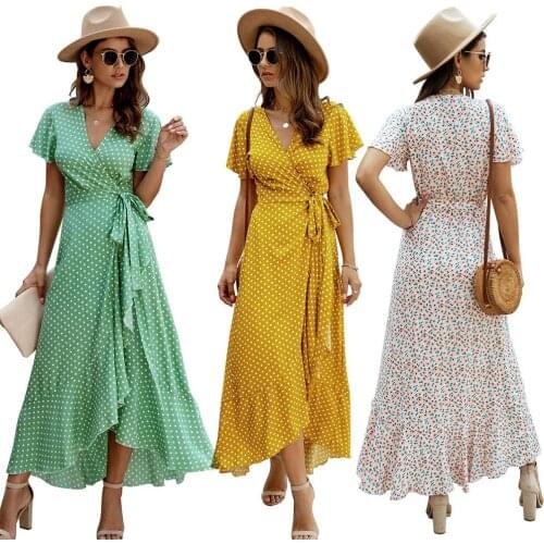 Fashion Women V Neck Short Sleeve Polka Dots Print Ruffled Hem Belt Long Dress одежда для женская