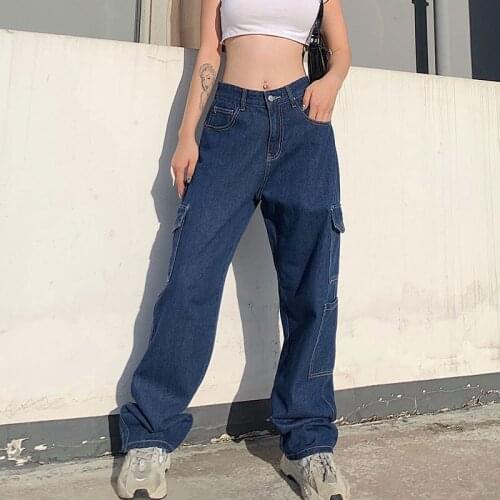 Fashion Loose Jeans Casual Work Pants women Hip Hop Jeans woman Cotton Trousers Big Pocket women Clothes Blue/black/white Jeans