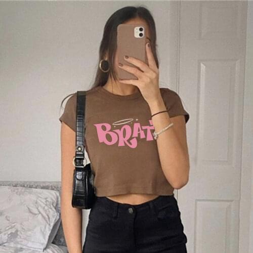 Women T-shirt Harajuku T-shirt Ladies Korean Style brown y2k tops BRATZ letter print summer Grunge style Ullzang kawaii t-shirt
