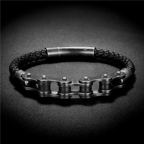 2021 New Personality Leather Bracelet Vintage Style Motorcycle Chain Black Gold Stainless Steel Bracelets for Men Jewelry Gifts