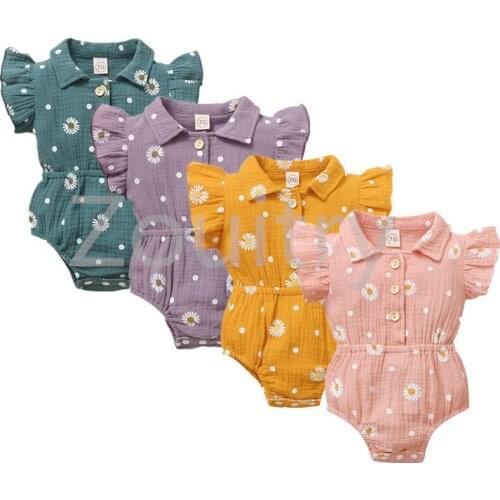 0-24M Summer Newborn Baby Girls Ruffles Sleeve Flower Print Button Romper Jumpsuits Outfits Sunsuits Baby Cotton Clothing