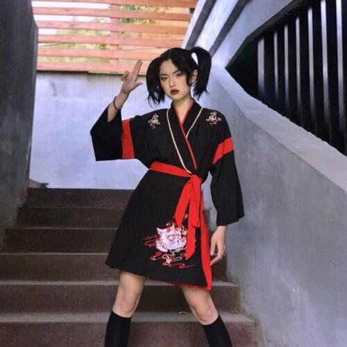 Chinese Style Clothing Women Spring Han Suit Anime Cat 2 Piece Sets Girls' Harajuku Black Top Skirt Party Cosplay Costume 12339
