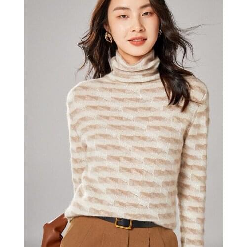 Autumn winter new cashmere sweater ladies high neck color-blocking pullover sweater wool knit sweater pile collar base sweater