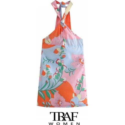 TRAF Za Women Fashion With Bow Tied Floral Print Mini Halter Dress Vintage Backless Side Zipper Female Dresses Vestidos