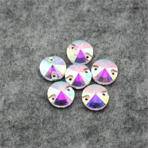 8-14mm Round Shape Clear AB Color Two Holes Glass Sew On Stone Clothes Shoes Decoration