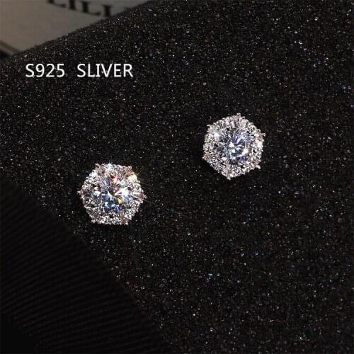 Luxury Female Crystal White Zircon Stud Earrings Simple 925 Sterling Silver Hexagon Earrings For Women Vintage Double Earrings