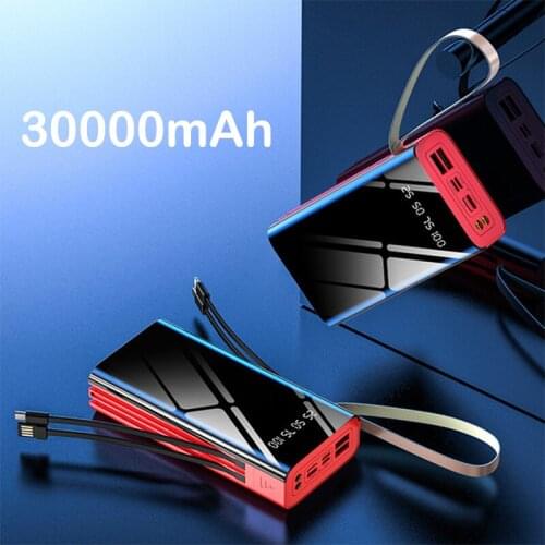 30000mAh Power Bank Built in Cable Portable Charger External Battery Pack for Xiaomi Mi iPhone 12 Huawei Samsung S21 Powerbank