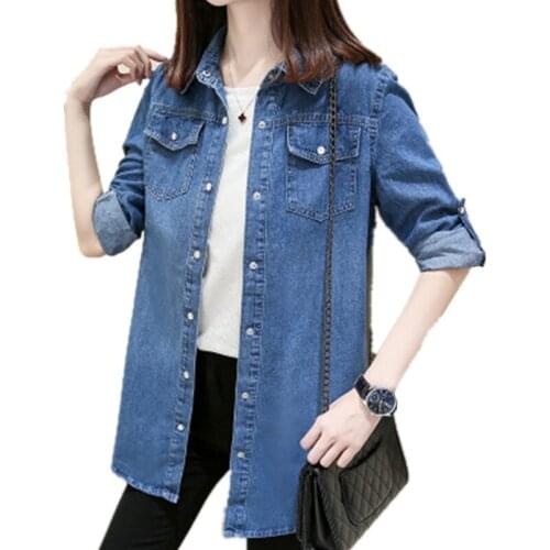 2020 Spring Fashion Mid-length Slim Solid color Large size Denim Shirt Ladies Autumn Long-sleeved Shirt Women Jacket A48
