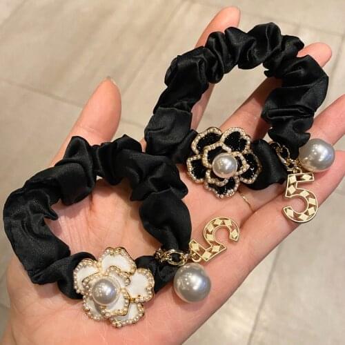 2021 Women Satin Camellia Hair Ties For Women Black Silk Handmade Baroque Metal Flower Rose Hair Accessories Number Rubber Bands