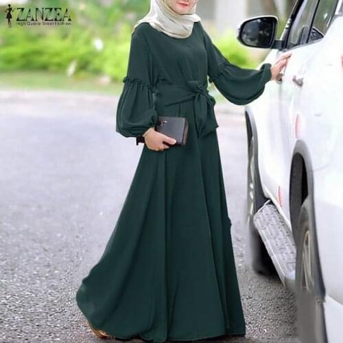 ZANZEA Women Lace Up Hijab Dress Islamic Muslim Kaftan Abaya Dubai Dress Solid Long Sleeve Ruffles Maxi Long Sundress Robe Femme