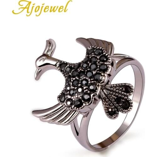 Size 9 Vintage Bird Rings For Women Animal Jewelry Black Rhinestone