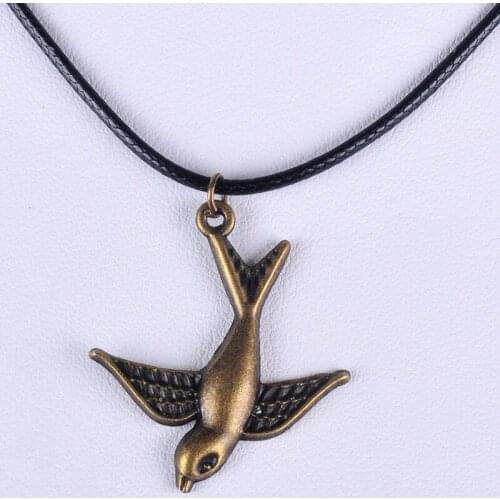 30*33MM Vintage bronze antique swallow bird pendant necklace women wax cord rope necklace jewelry fashion alloy jewellery