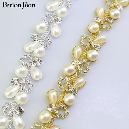 1 yard 2cm Pearl rhinestone trim plating gold and silver crystal pearl webbing clothing shoes decorative accessories ML093