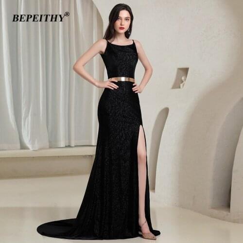 BEPEITHY Mermaid Long Prom Dresses Sleeveless High Slit Sexy Open Back Black Celebrity Evening Dress Party For France Women 2021