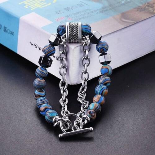 Stainless Steel Bracelet Slimming Mens Bracelet Natural Chakra Energy Stone Healthy Slimming Magnetic Treatment Mens Beaded
