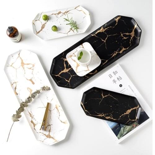 Household Ceramic Plate Rectangular Western Plate Storage Plate Sushi Plate Gold Pattern Plate Black and White