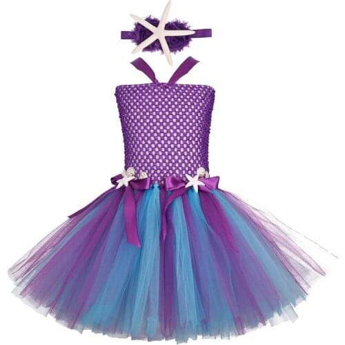 Purple Mermaid Tutu Dress Starfish Headband Girls Princess Dress Sea Theme Dresses Kids Birthday Christmas Halloween Costume