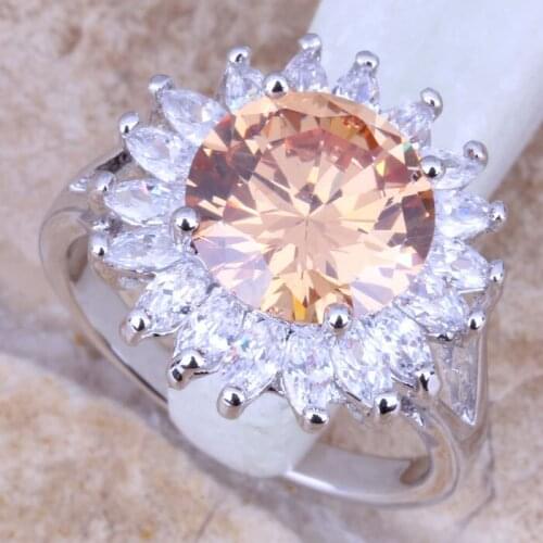 Superb Champagne Morganite White CZ Silver Plated Womens Ring Size 6 / 7 / 8 / 9 R0821