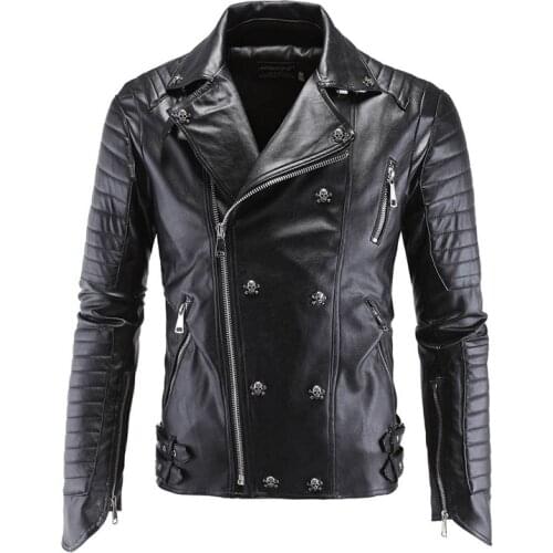 New arrival mens quilted side full zipper punk faux leather jacket PU skull slim fit tops juniors boy motorcycle jacket