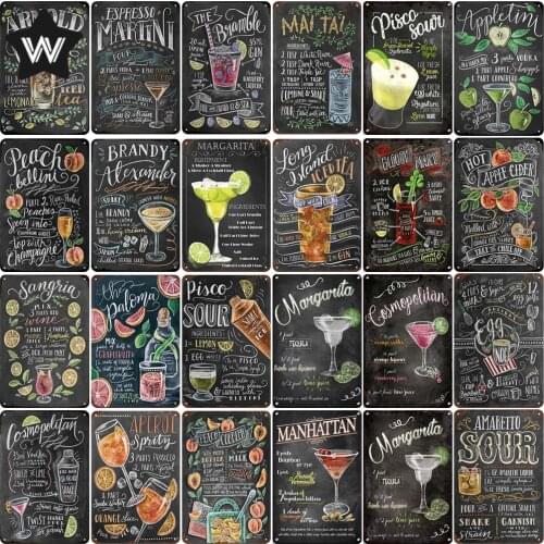 Cocktail Tin Poster Martini Mojito Metal Plaque Vintage Wall Sticker Metal Plate Tin Sign Shabby Metal Signs Club Man Cave Decor