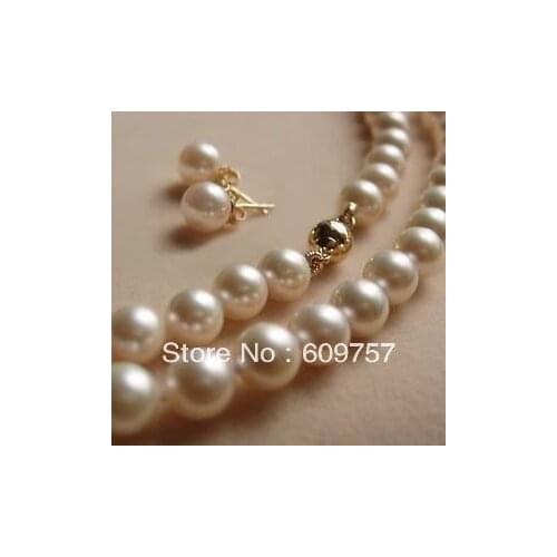 Use White Yellow Natural wholesale 35" Natural 8-9MM white Cultured Freshwater Pearl Necklace Earring set -jewelry