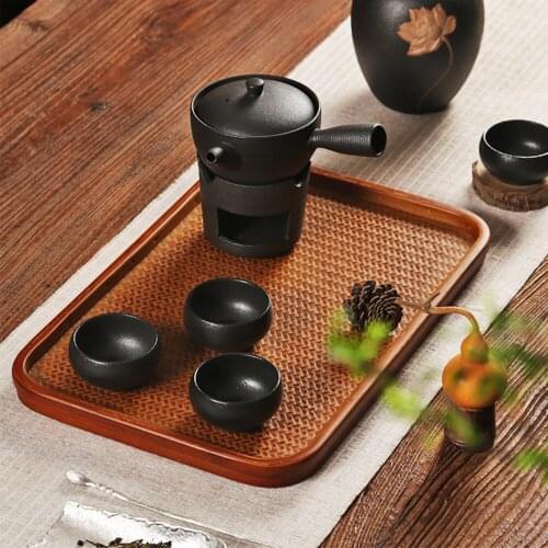 Handmade Bamboo Weave Tea Tray For Teacup Teapot Chinese Retro Old Style Durable Bamboo Tea Plate For Home Hotel Office Teahouse