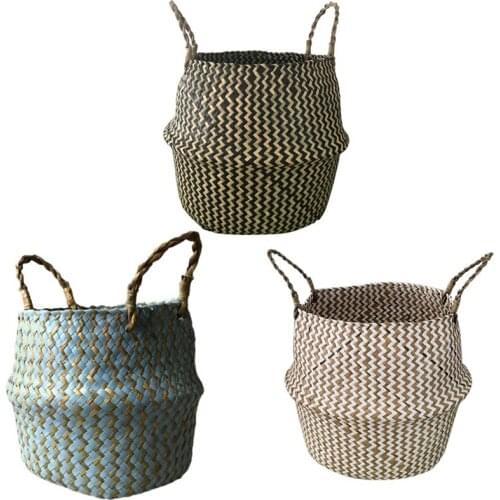 Portable Foldable Natural Seagrass Woven Storage Basket With Handle For Home Decorations Plant Pot Clothes Toys Picnics