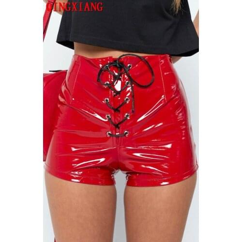 S-4XL Girl Bright PU Shorts Faux Leather Women Black Red Drawstring Front Sexy Clubwear Night Club Autumn High Waist Short Pants