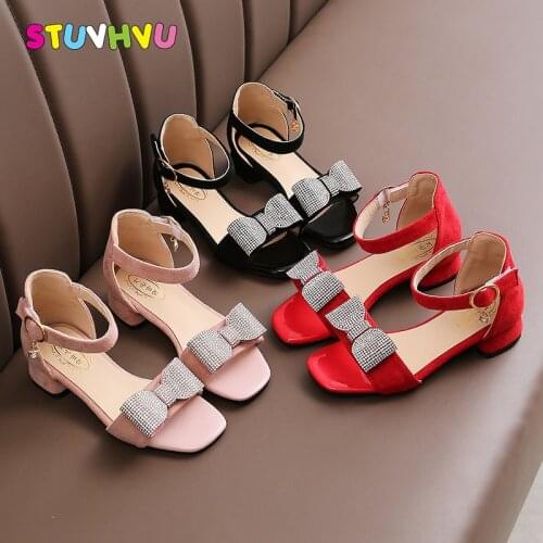 Childrens Sandals Girls Shoes Summer New Rhinestone Bow High Heel Princess Shoes Kids Sandals Open Toe Little Girl Shoes 27-38
