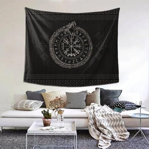 Vegvisir With Ouroboros And Runes Viking Tapestry Hanging Tapiz Bedspread Vikings Valhalla Wall Cloth Polyester Home Decoration