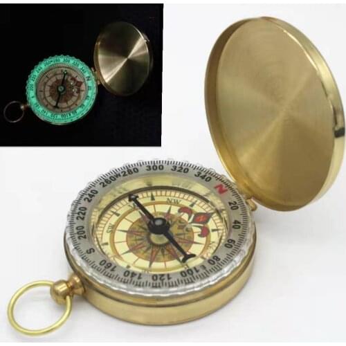 High Quality Pure Gold Brass Copper Clamshell Luminous Compass Camping Hiking Pocket Portable Compass Pointing Guide Tools