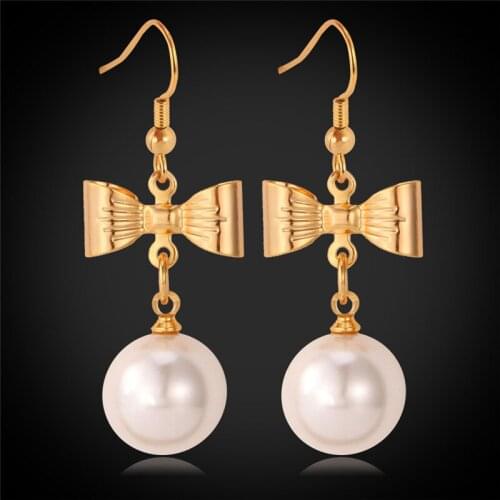 Kpop Earrings For Women Vintage White / Pink Simulated Pearl Earring Bowknot yellow Gold Color Jewelry New Trendy Earrings E102