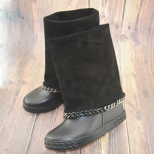 Botines mujer suede leather platform shoes metal decoration ankle boots height increasing chain wedges snow boots woman botas
