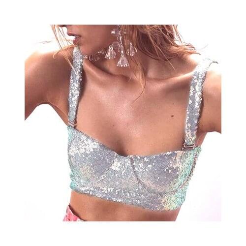 Silver Sequins Stitching Sling Umbilical Bottoming Vest Womens Sexy Fashion Outer Wear Inner Strap Vest Top Crop Spring Summer