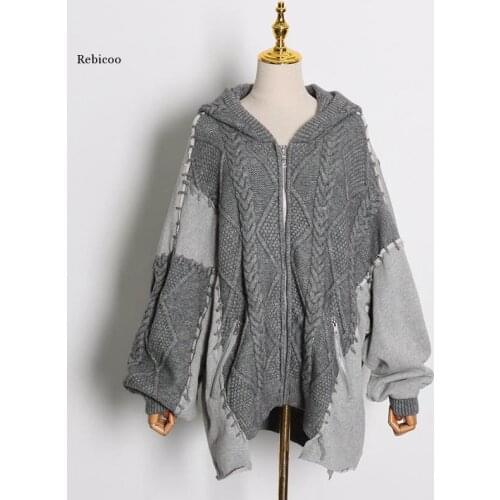 Korean Oversized Knitted Cardigans for Women Hooded Collar Long Sleeve Irregular Casual Sweater Female Fashion New