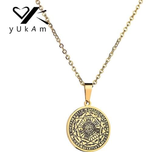 YUKAM Gold Talisman Seals Of The Seven Archangels Pendant Necklaces Stainless Steel Pentacle Solomon Kabbalah Necklace for Women