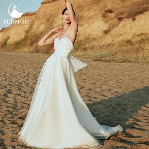 Aedmgh Simple A-Line Wedding Dresses 2021 Sweetheart Strapless Bow Sleeveless Vestido De Novia Soft Organza Backless Bridal Gown
