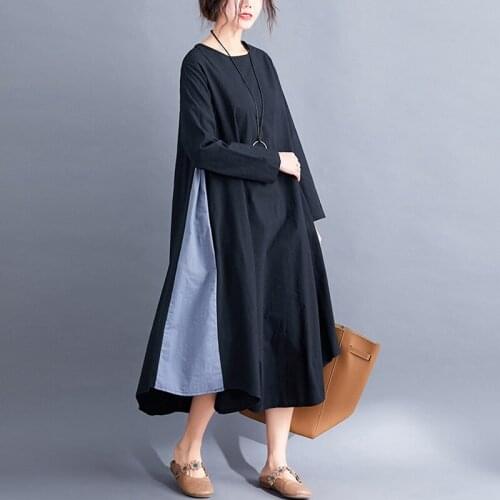 Women Loose Big Size Dress Ladies Contrast Color Loose Dress Autumn Spring