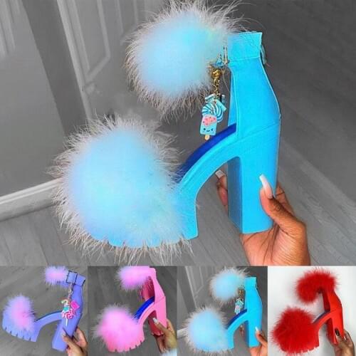 Fashion Shoes Women Sandalias Mujer Summer Sandals Female Buckle Strap Furry Chunky High Heel Sexy Nightclub Party Pupms 35-43