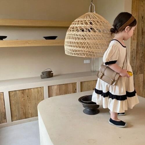 Childrens Dress 2021 Summer New Girls Cute Patchwork Color Korean Cotton Crew Neck Loose Casual Knee-Length Dress