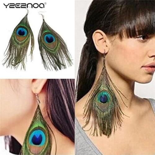 Crystal Long Design Peacock Feather Drop Earrings For Women Bijoux New Jewelry