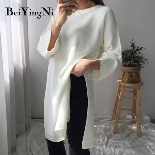 Beiyingni Long Sweaters Women White Solid Color Knitted Tops Ladies Pullover Chic Split Autumn Winter Sweater Woman Jumper Dress